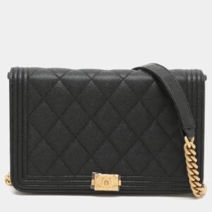 Chanel Black Quilted Caviar Leather Boy Wallet On Chain