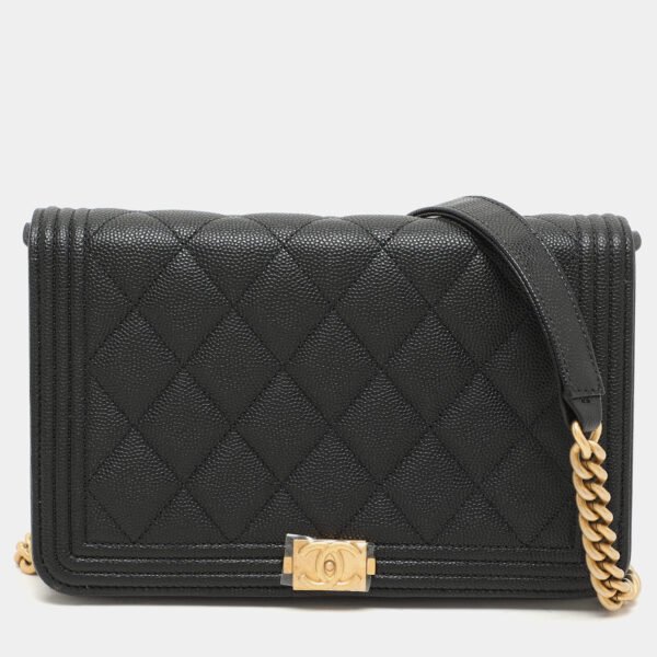 Chanel Black Quilted Caviar Leather Boy Wallet On Chain